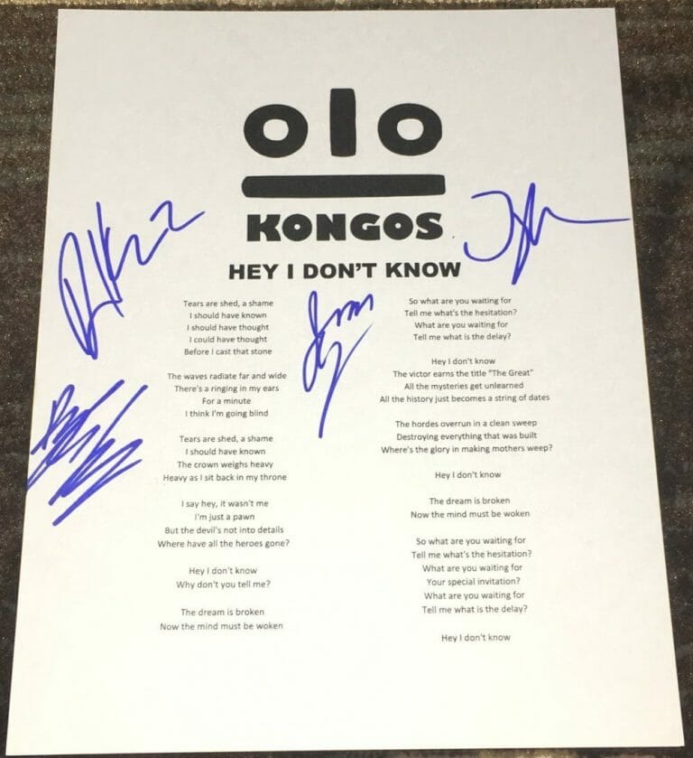 THE KONGOS SIGNED AUTOGRAPH HEY I DON’T KNOW LYRIC SHEET W/PROOF LYRICS
 COLLECTIBLE MEMORABILIA