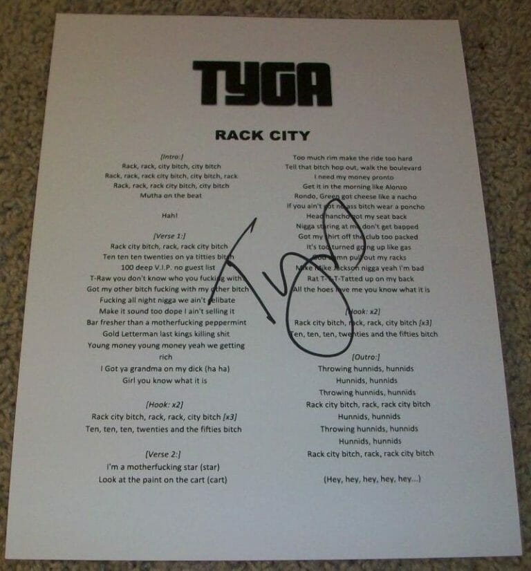 TYGA SIGNED AUTOGRAPH RACK CITY LYRIC LYRICS SHEET YOUNG CASH MONEY Y.M.C.M.B.
 COLLECTIBLE MEMORABILIA