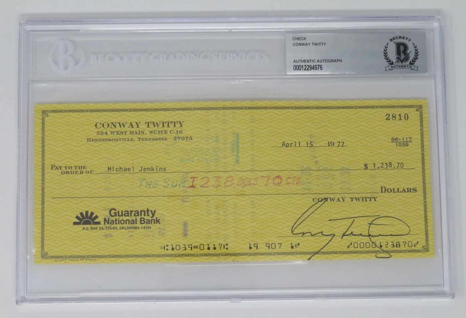 CONWAY TWITTY Signed Autograph Auto Check Slab BAS JSA
