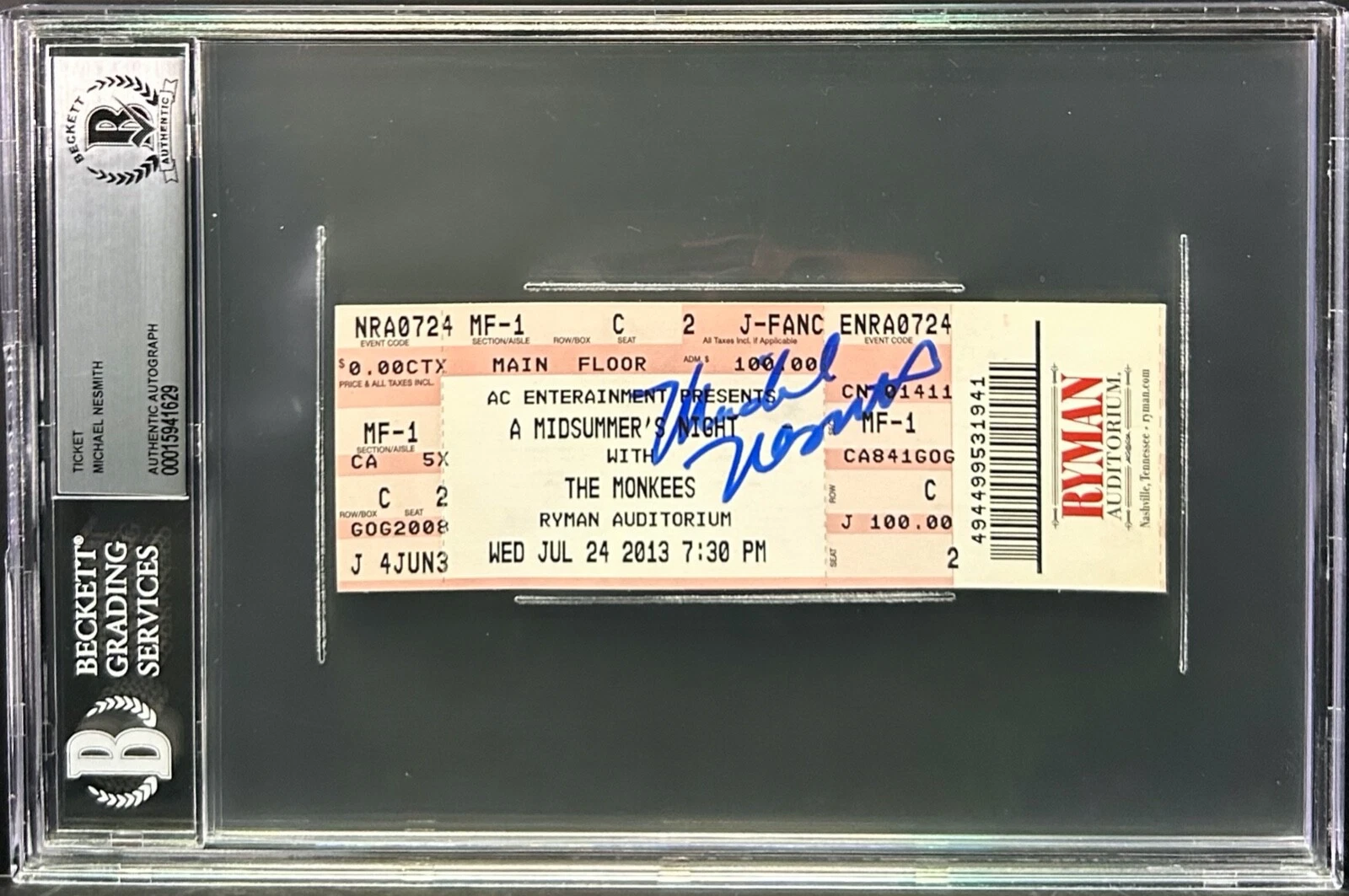 MICHAEL NESMITH THE MONKEES Signed Auto Concert Ticket Slabbed Encapsulated BAS
