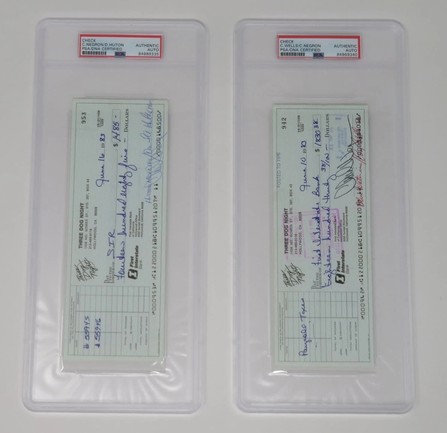 THREE DOG NIGHT Signed Autograph Auto Check Lot by 3 Slab JSA PSA
