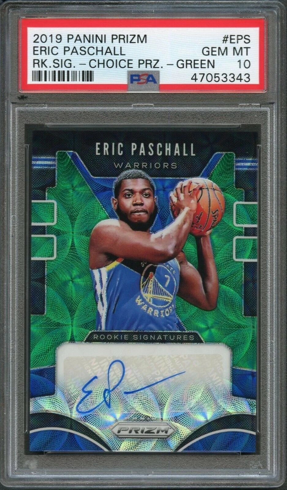 2019 Panini Prizm Rookie Signatures Eric Paschall Auto Green Choice /8 PSA 10
