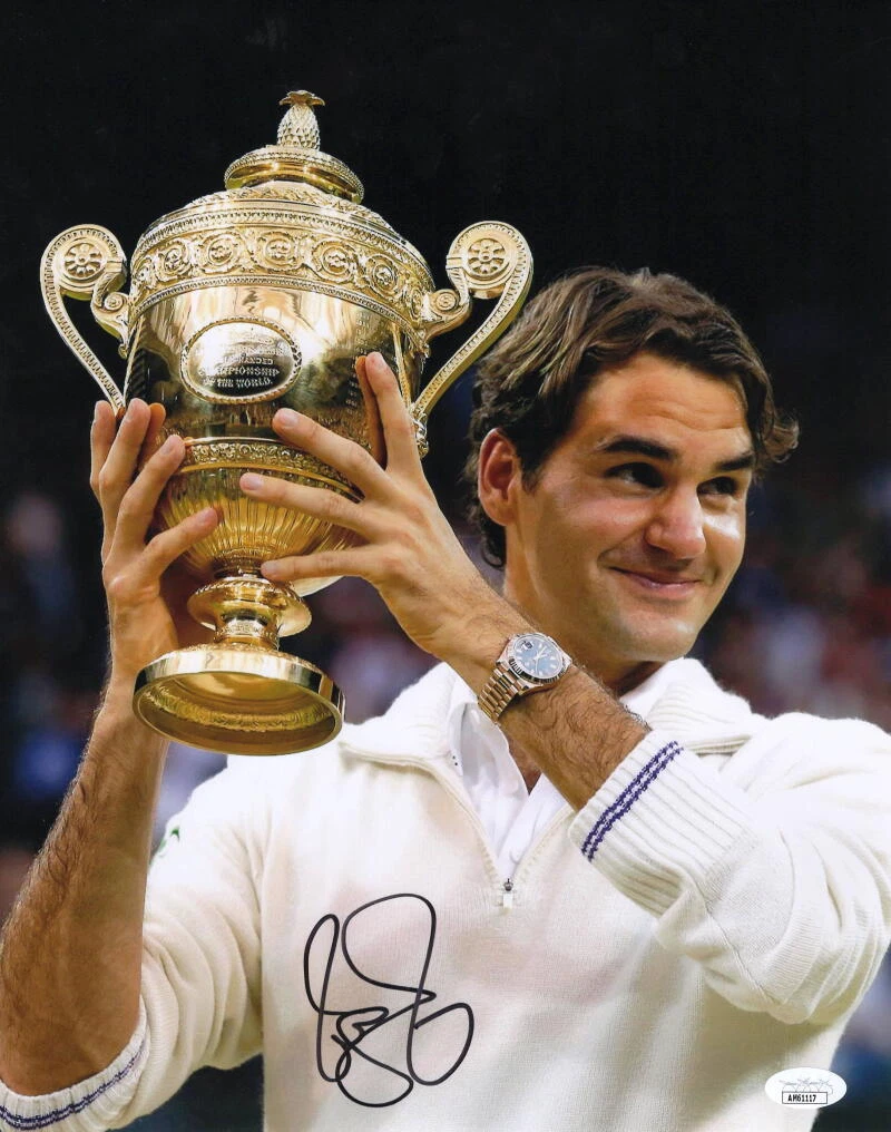Roger Federer Signed Autograph 11x14 Photo Tennis Legend w/ Wimbledon Trophy JSA
