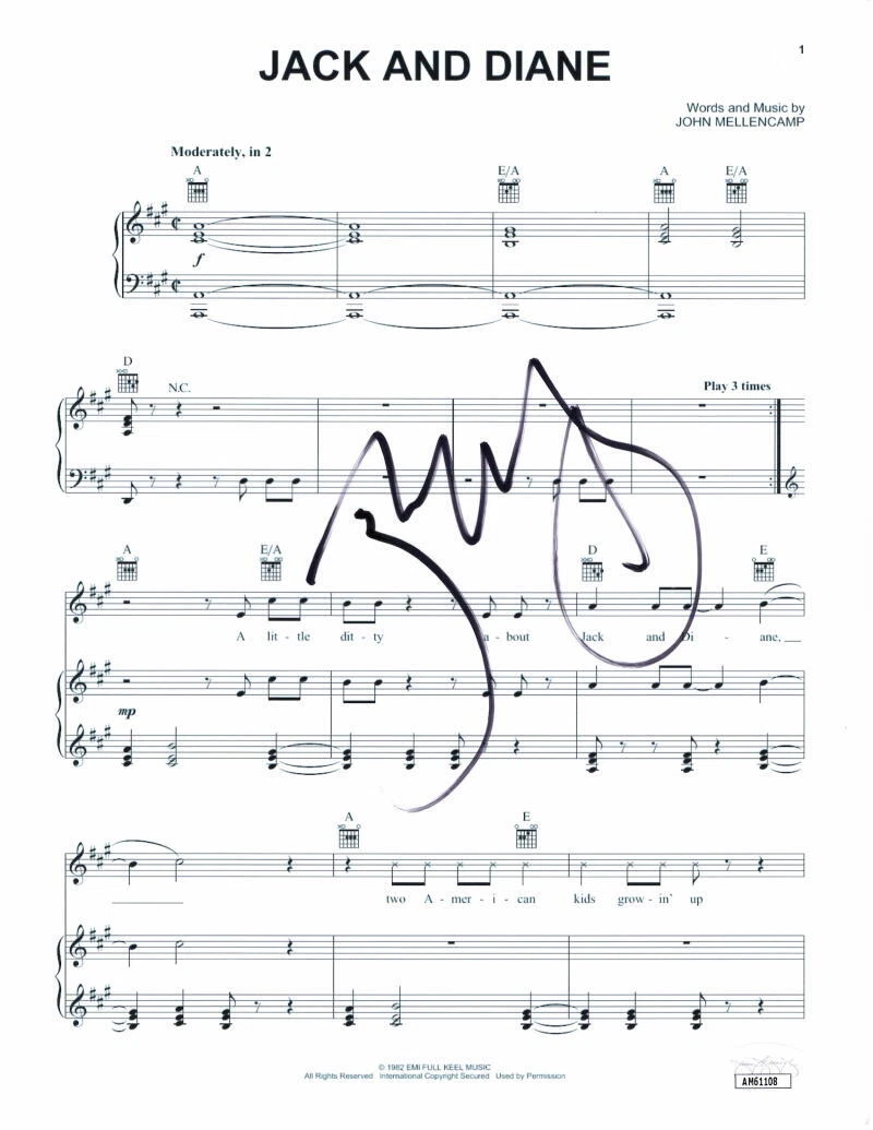John Cougar Mellencamp Signed Autograph Jack and Diane Sheet Music - Uh-huh JSA

