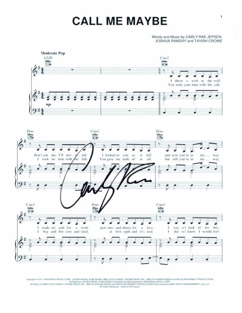 Carly Rae Jepsen Signed Autograph Call Me Maybe Sheet Music - The Loveliest Time
