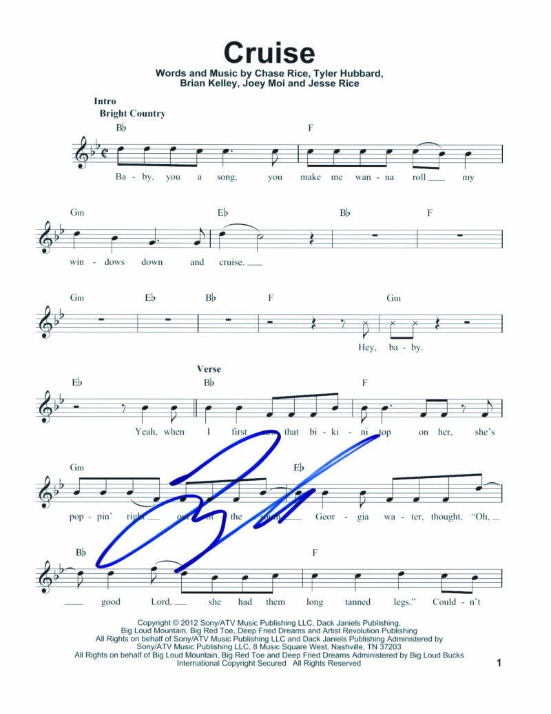 Tyler Hubbard Signed Autograph Cruise Sheet Music - Florida Georgia Line
