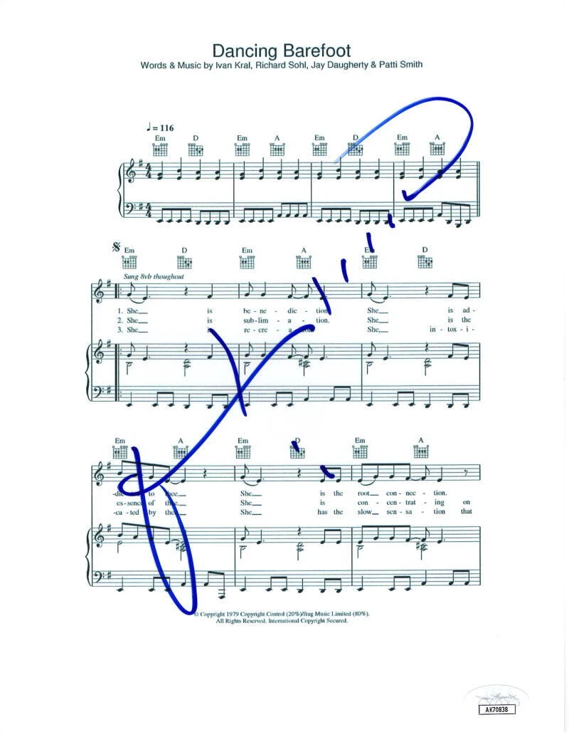 Patti Smith Signed Autograph Dancing Barefoot Sheet Music - Folk Rock Icon JSA

