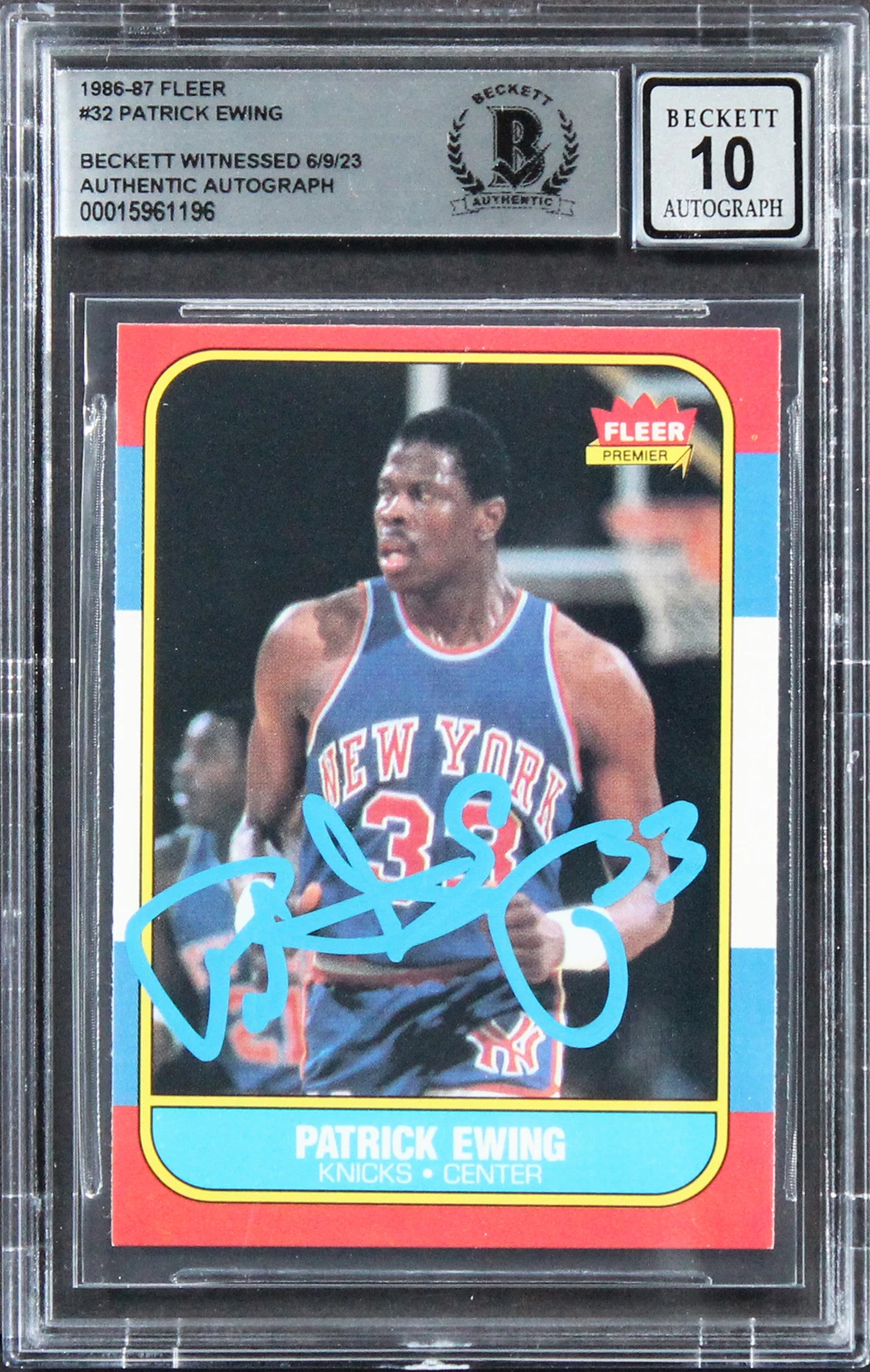 Knicks Patrick Ewing Signed 1986 Fleer #32 Rookie Card Auto 10! BAS Slabbed

