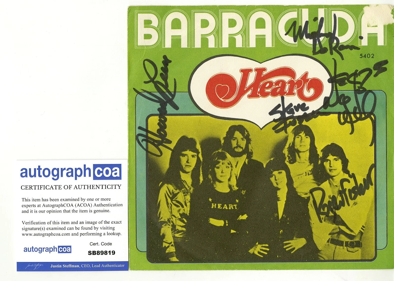 HEART SIGNED 7″ BARRACUDA VINYL RECORD ACOA NANCY WILSON,STEVE, MIKE AND ROGER
 COLLECTIBLE MEMORABILIA