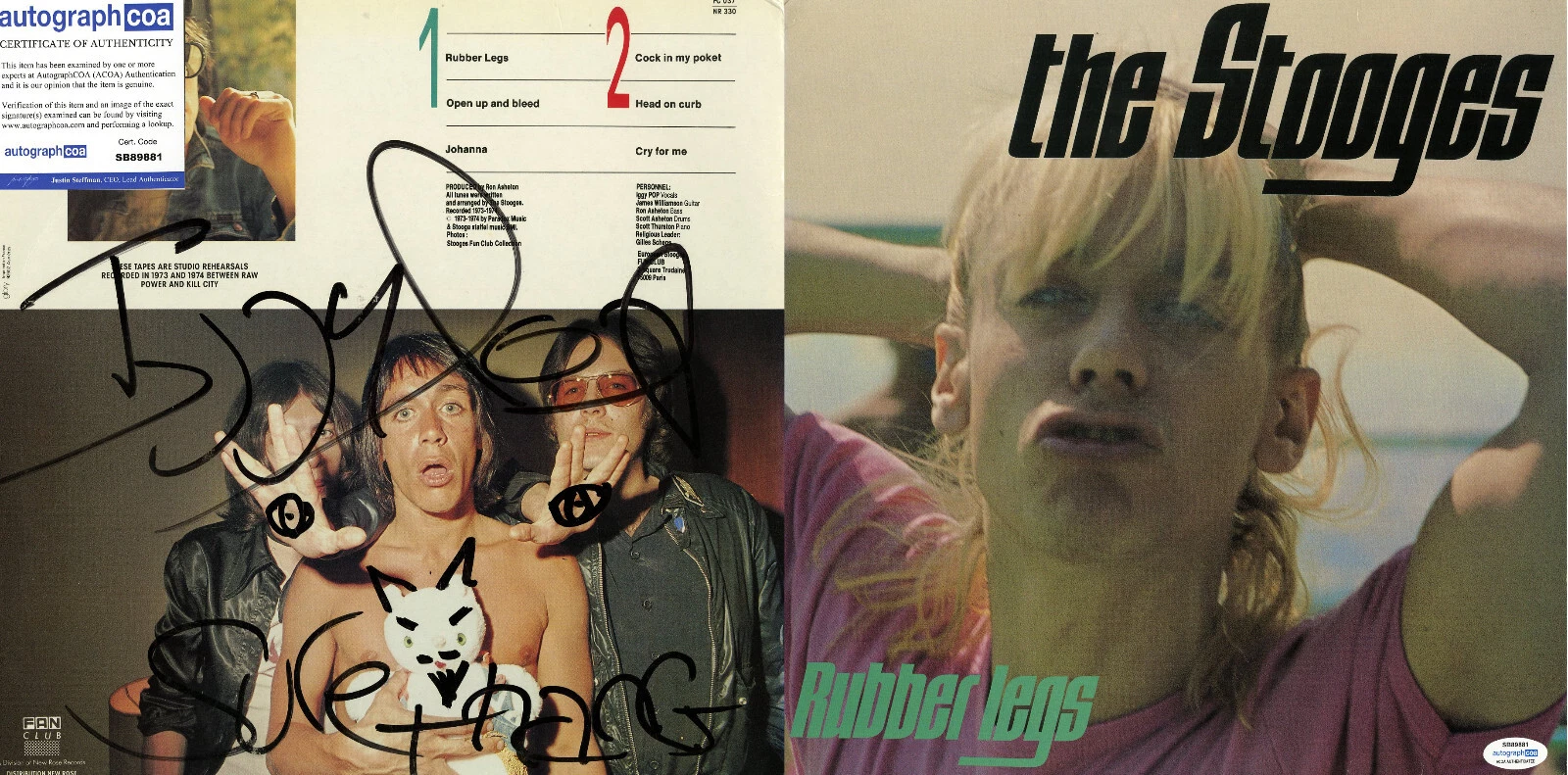 THE STOOGES RUBBER LEGS VINYL RECORD SIGNED BY IGGY POP W/ DOODLES ACOA COLLECTIBLE MEMORABILIA