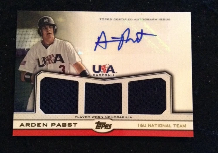 2011 Topps USA Baseball Arden Pabst GOLD TRIPLE GU JERSEY AUTO RC 5/10 Ssp
