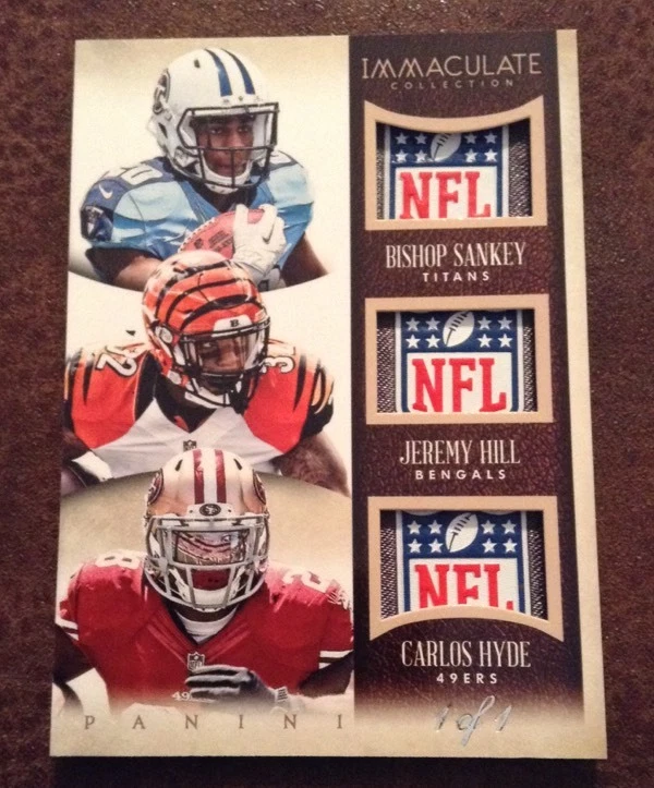 2014 PANINI IMMACULATE SANKEY JEREMY HILL CARLOS HYDE TRIPLE NFL SHIELD 1/1 Wow
