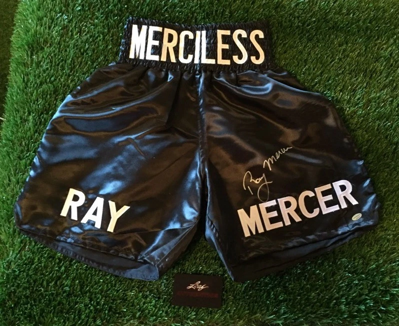 RAY MERCER SIGNED BLACK BOXING TRUNKS FORMER CHAMP LEAF CERTIFIED 