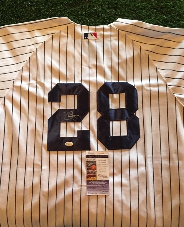 DAVID JUSTICE YANKEES SIGNED HOME WHITE PINSTRIPE JERSEY JSA/COA J80594

