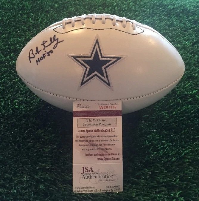 BOB LILLY Signed WHITE PANEL DALLAS COWBOYS STAT BALL Football JSA W281339 HOF
