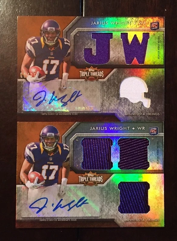 (2) 2012 JARIUS WRIGHT TOPPS TRIPLE THREADS SEPIA/GOLD JERSEY AUTO RC #/25 & /70 COLLECTIBLE MEMORABILIA