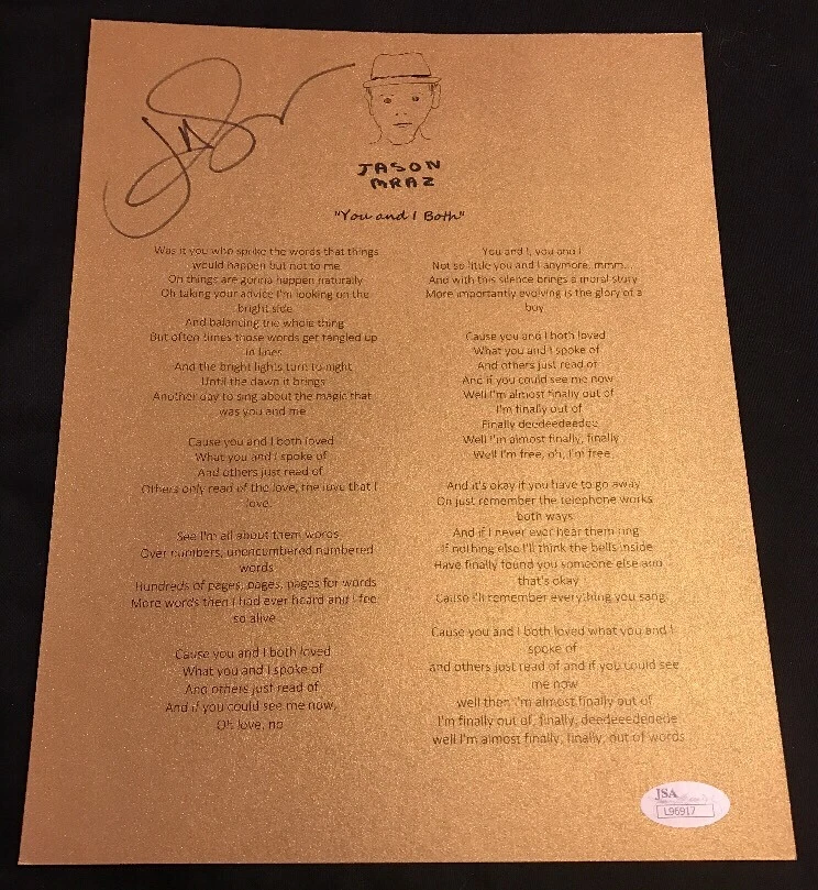 JASON MRAZ YOU AND I BOTH SIGNED LYRIC SHEET AUTOGRAPHED JSA COA
