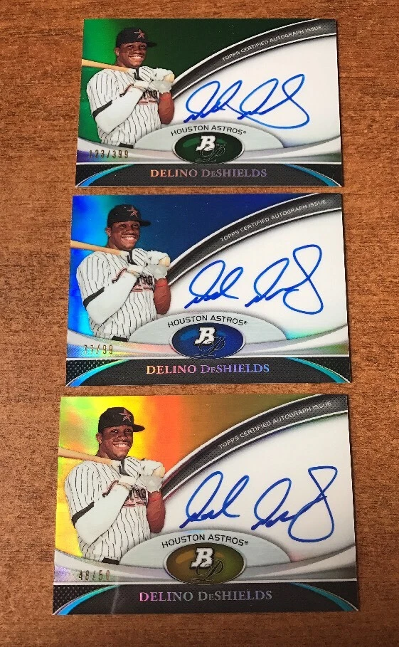 2011 Bowman Platinum Delino Deshields Gold, Blue & Green Refractor Auto RC #/50+
