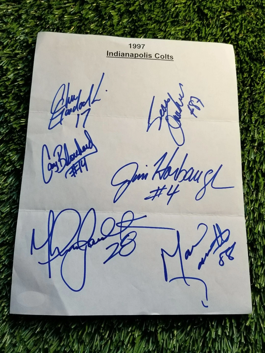 1997 INDIANAPOLIS COLTS TEAM Signed NFL Team SHEET JSA/COA S52787 FAULK HARBAUGH
