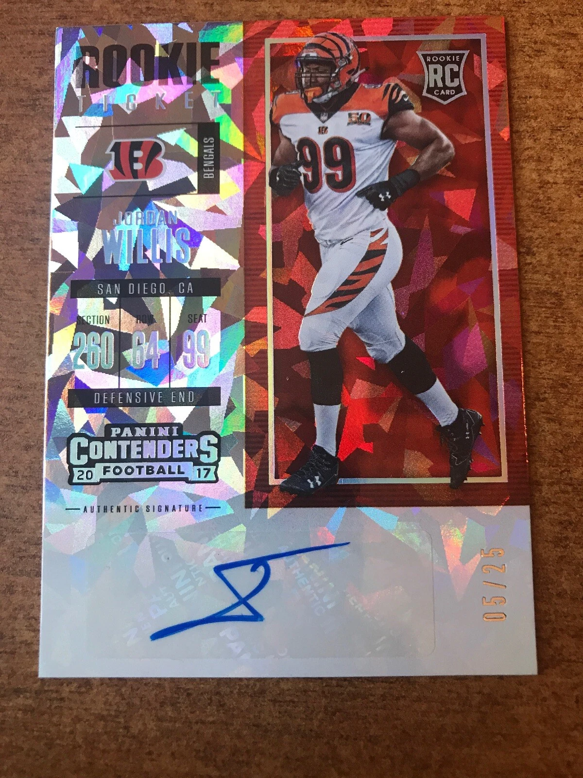2017 Contenders Rookie Ticket Auto Jordan Willis Bengals CRACKED ICE 5/25 Ssp
