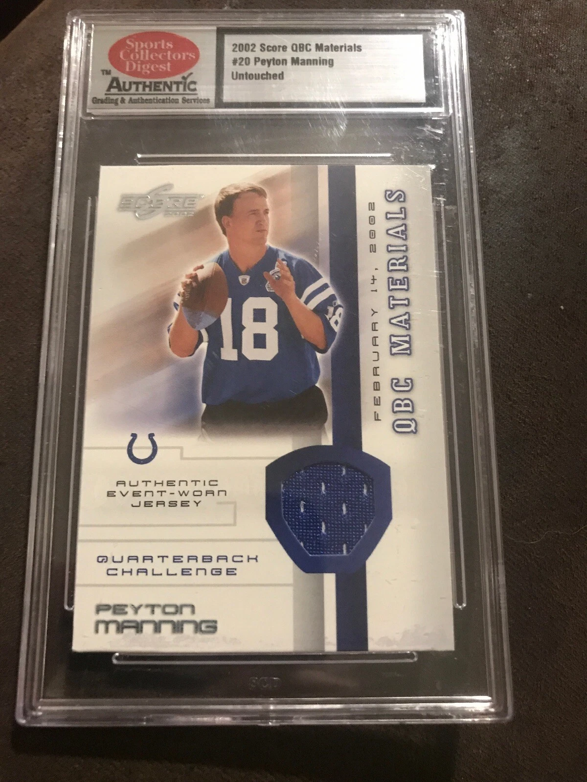 2002 Score QBC Materials # 20 Untouched Peyton Manning Blue Relic Indy/Denver
