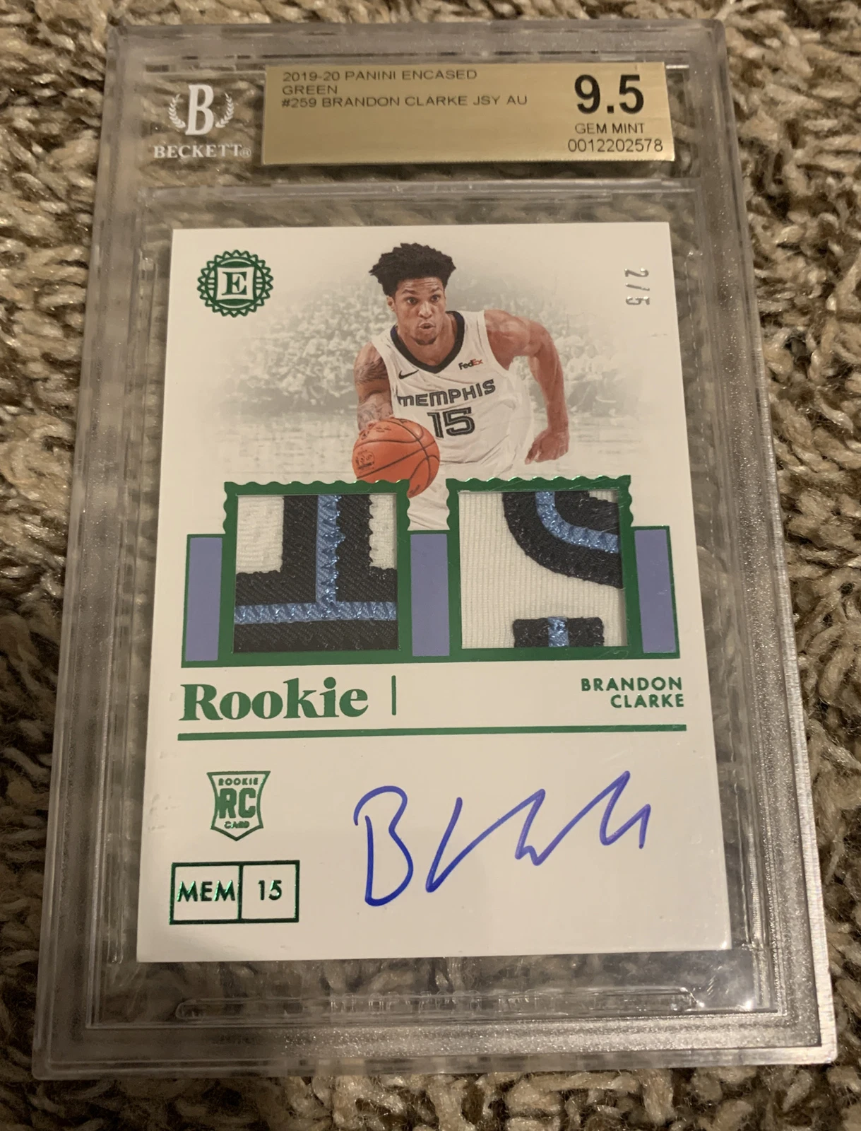2019-20 ENCASED BRANDON CLARKE DUAL AUTO PATCH GREEN 2/5 BGS 9.5/10 Sick
