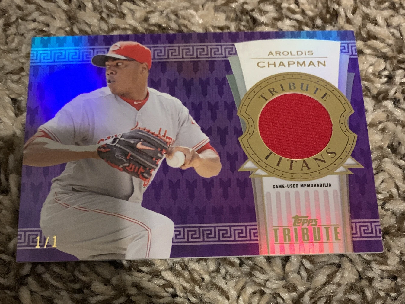 2014 Topps Tribute PURPLE Aroldis Chapman 1/1 1 of 1 Reds GAME USED JERSEY
