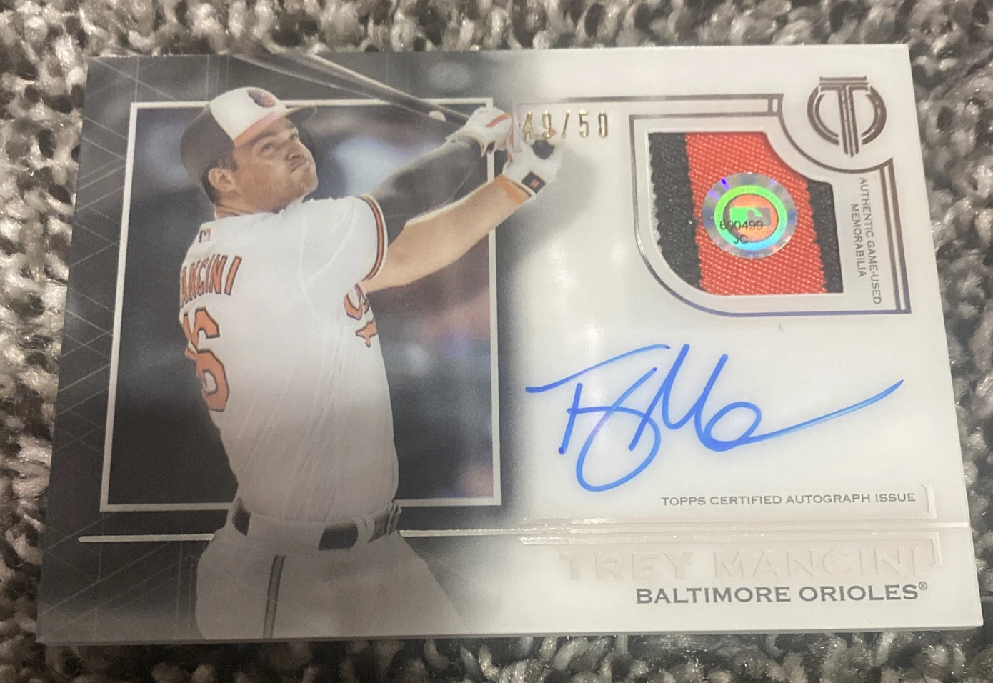 2019 Topps Tribute Trey Mancini 3 COLOR PATCH AUTO 49/50
