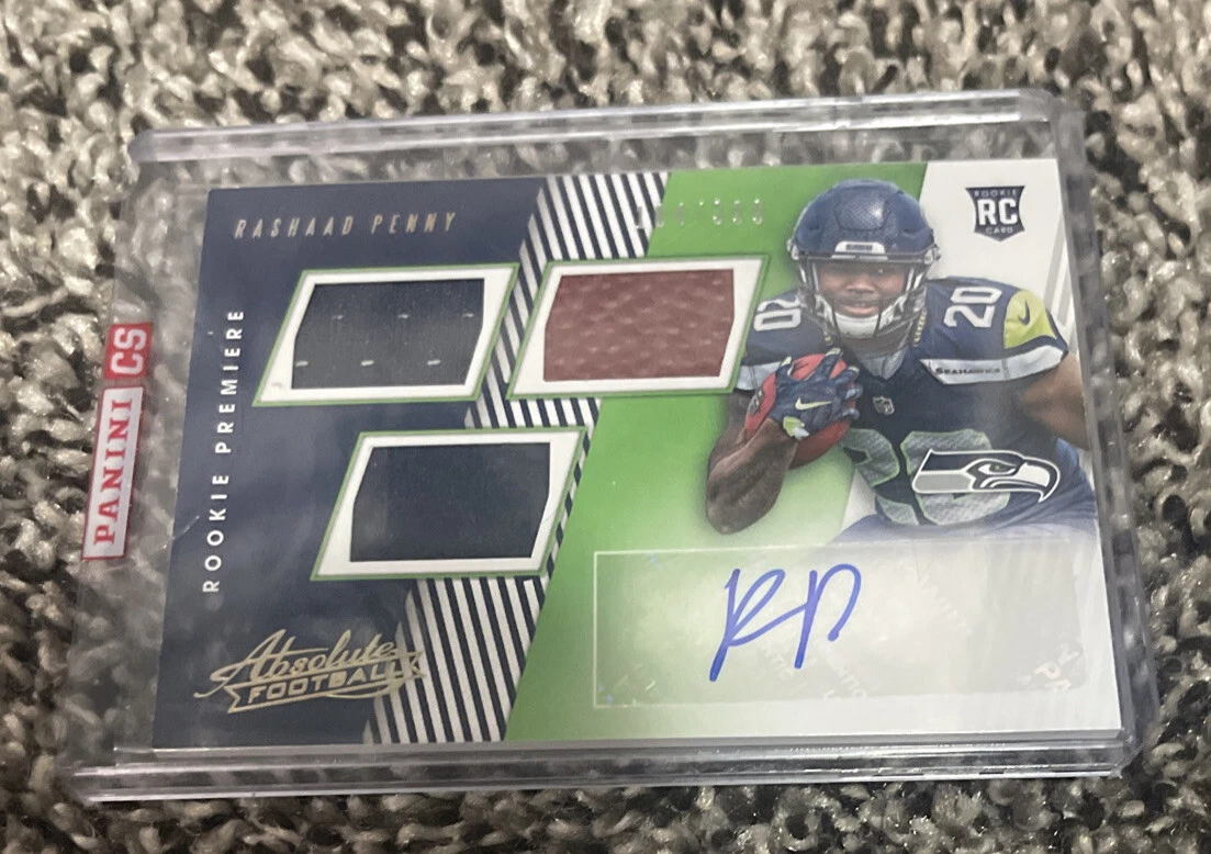 2018 PANINI ABSOLUTE RASHAAD PENNY #168 ROOKIE PREMIERE TRIPLE PATCH AUTO #D/399
