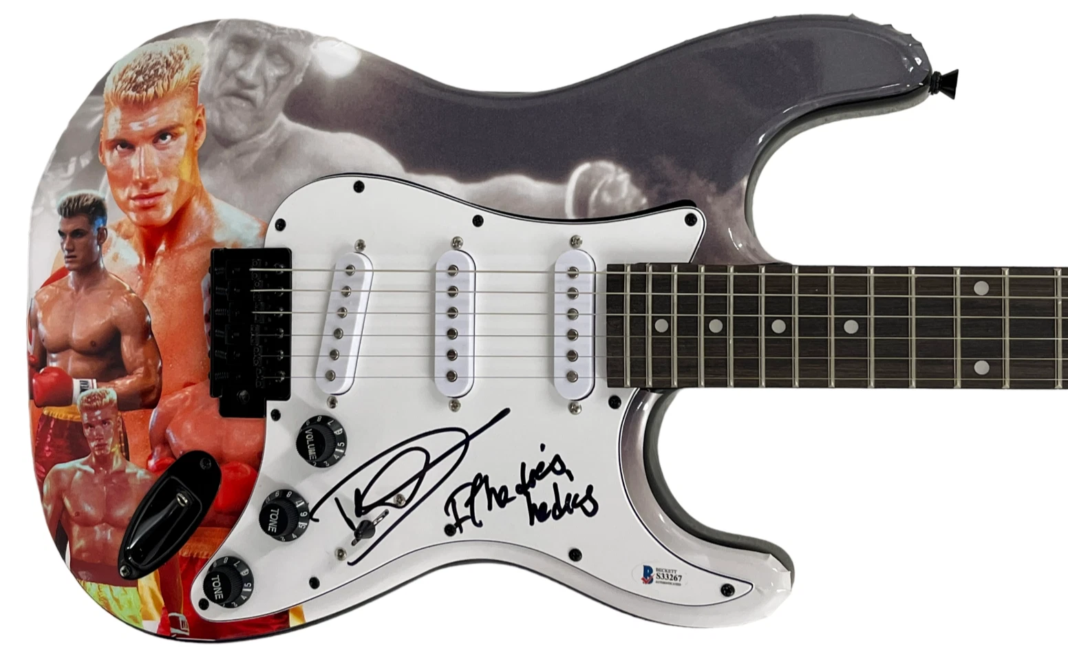 Dolph Lundgren Signed Electric Guitar Rocky 4 Inscription Autograph Beckett

