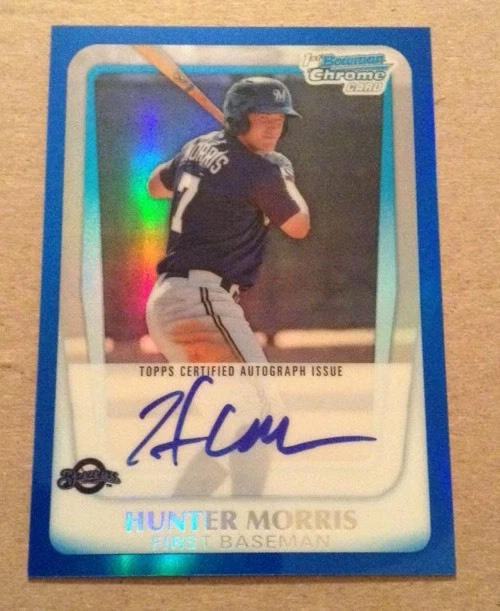 2011 BOWMAN CHROME AUTO HUNTER MORRIS BLUE REFRACTOR RC ROOKIE #/150
