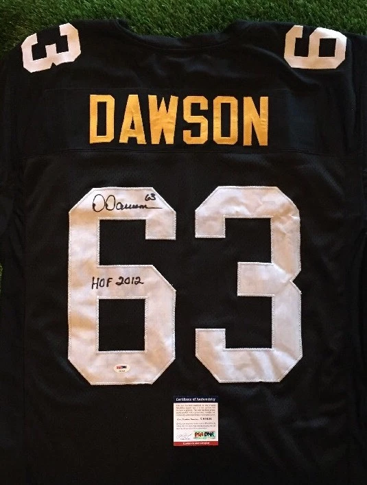 DERMONTTI DAWSON SIGNED PITTSBURGH STEELERS BLACK JERSEY W/HOF 12 PSA/COA
