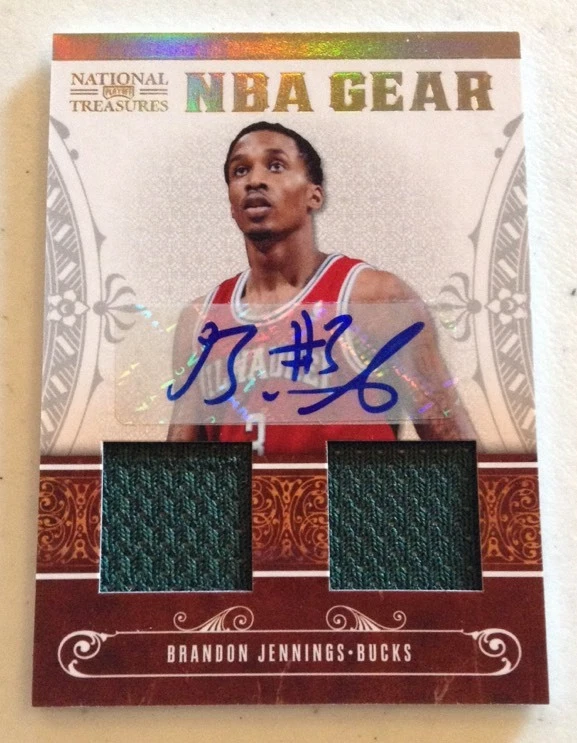 BRANDON JENNINGS 2011 NATIONAL TREASURES NBA GEAR 2 X JERSEY AUTO #15 25/30
