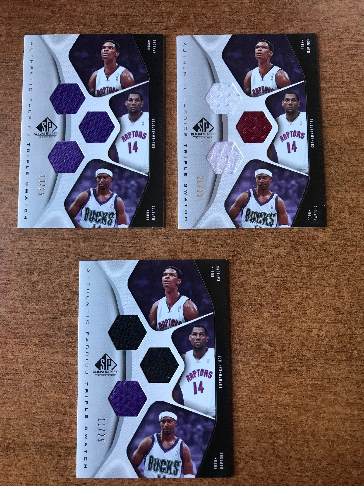 LOT OF (3) 2006-07 SP Game Used FABRIC TRIPLE SWATCH BOSH FORD GRAHAM #d /25
