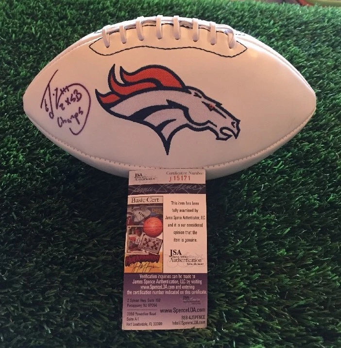 ED MCCAFFREY SIGNED WHITE PANEL BRONCOS FOOTBALL INSCRIBED JSA/COA #J15171
