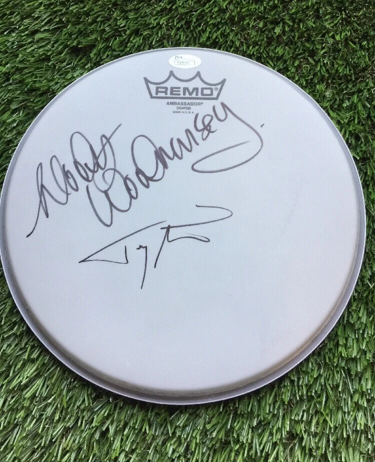 WOODY WOODMANSEY & TONY VISCONTI SIGNED AUTOGRAPH 8″ DRUM HEAD JSA COA COLLECTIBLE MEMORABILIA