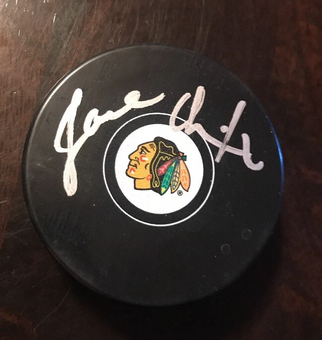 JOEL QUENNEVILLE COACH SIGNED NHL CHICAGO BLACKHAWKS LOGO PUCK JSA/COA T89363
