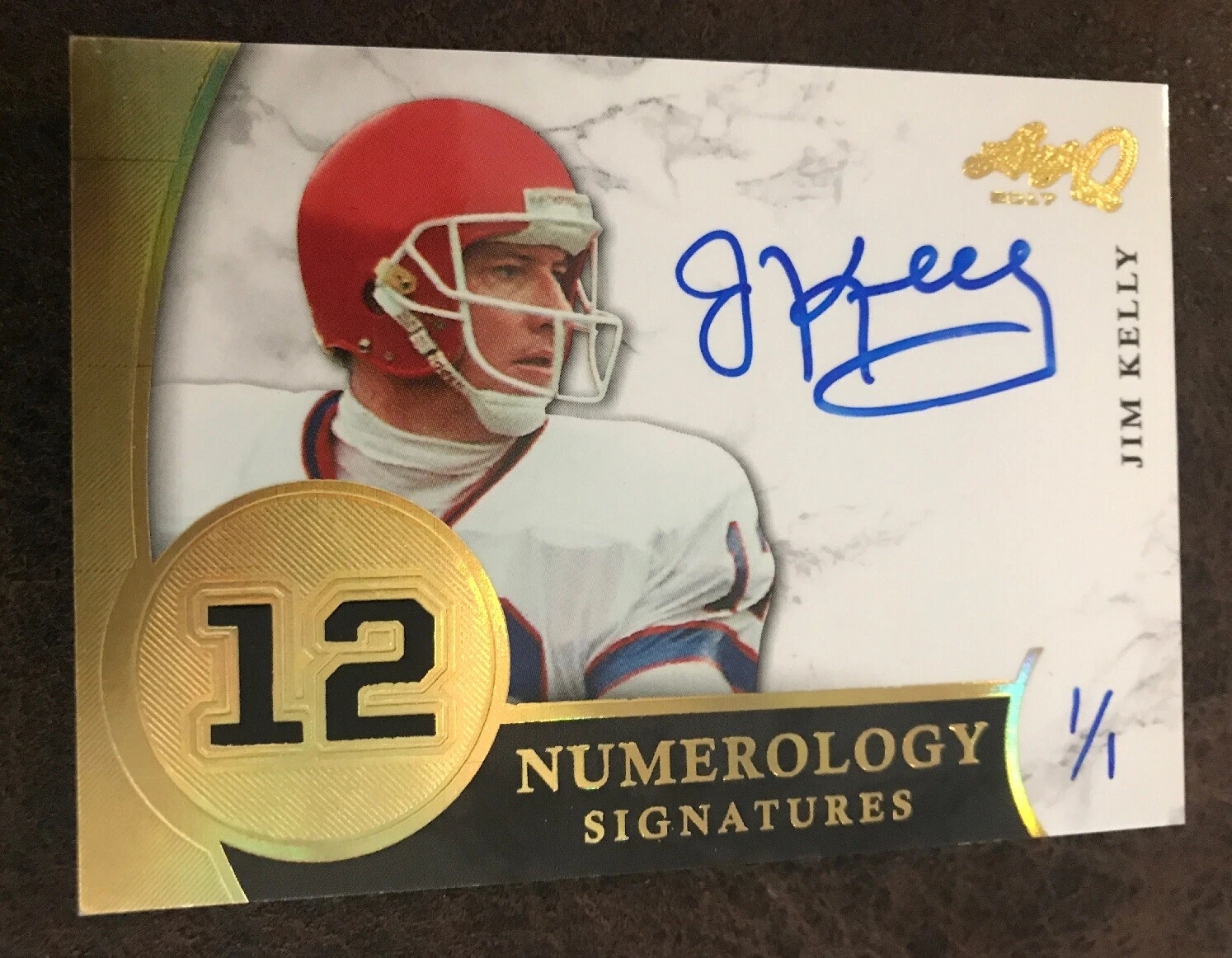 2017 LEAF Q JIM KELLY NUMEROLOGY SIGNATURES ON CARD AUTO GOLD 1/1 BUFFALO BILLS
