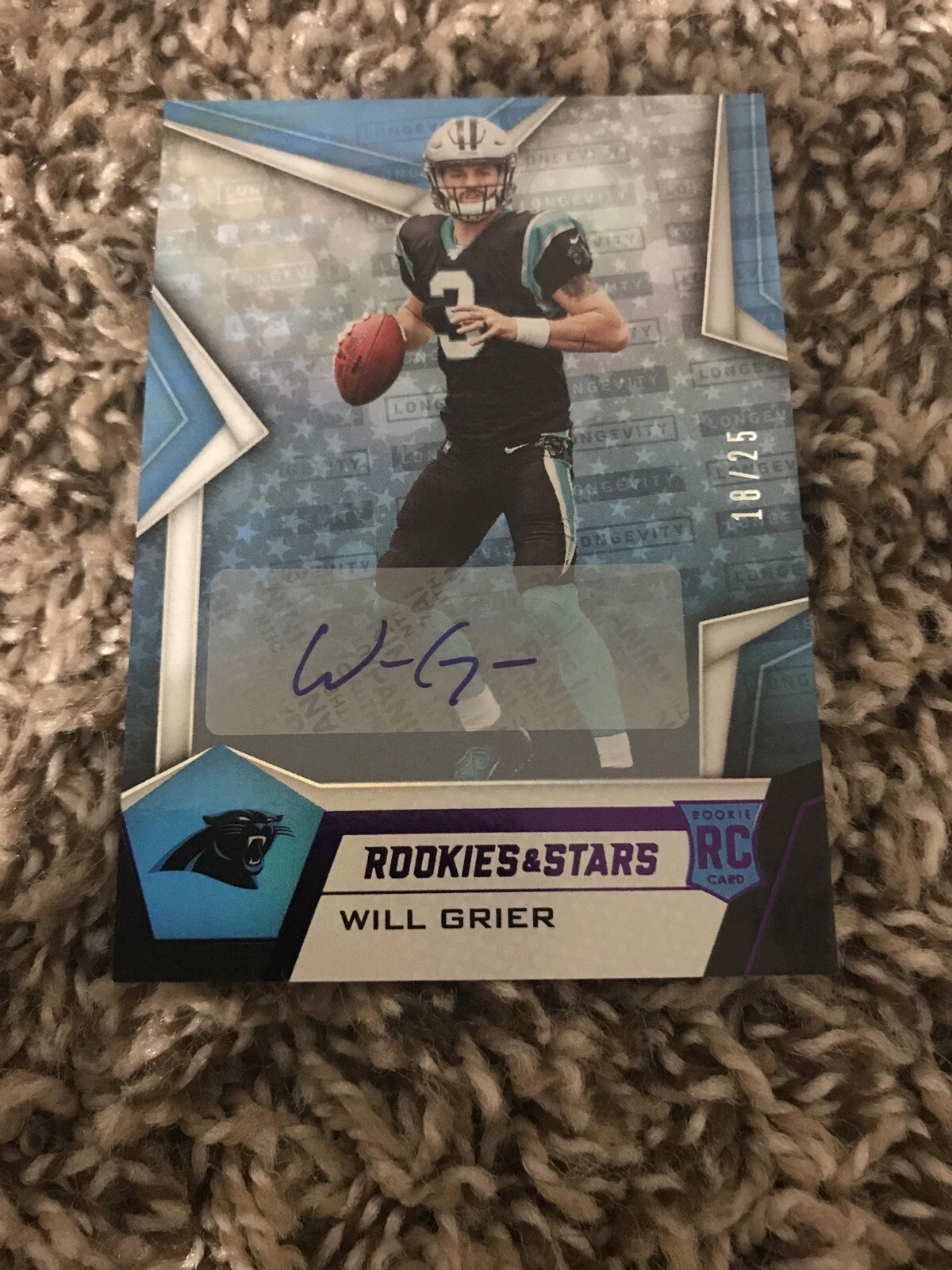 2019 Rookies & Stars Will Grier Panthers Longevity Rookie Auto PURPLE 18/25
