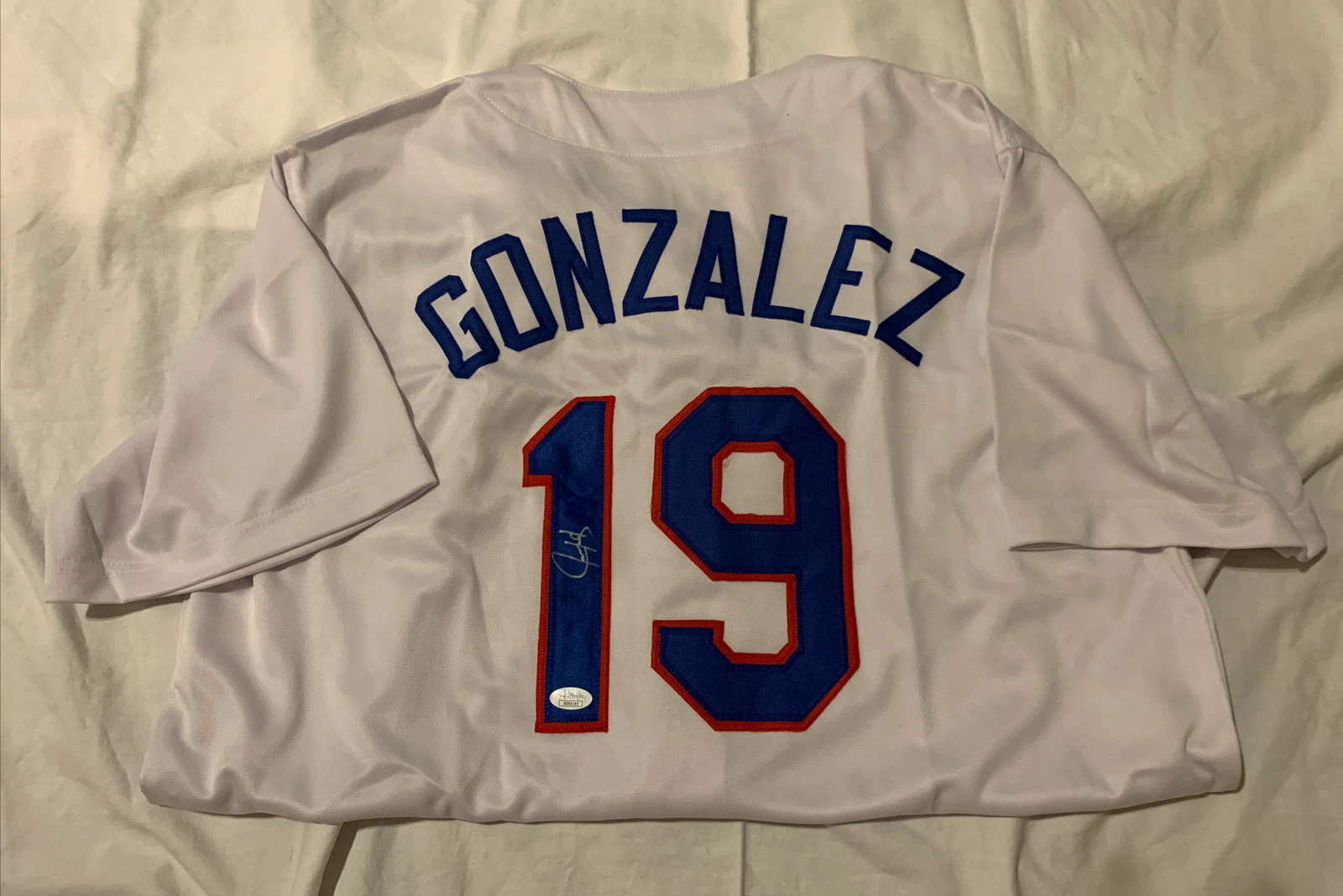 Autographed/Signed JUAN GONZALEZ Texas White Baseball Jersey JSA COA Auto
