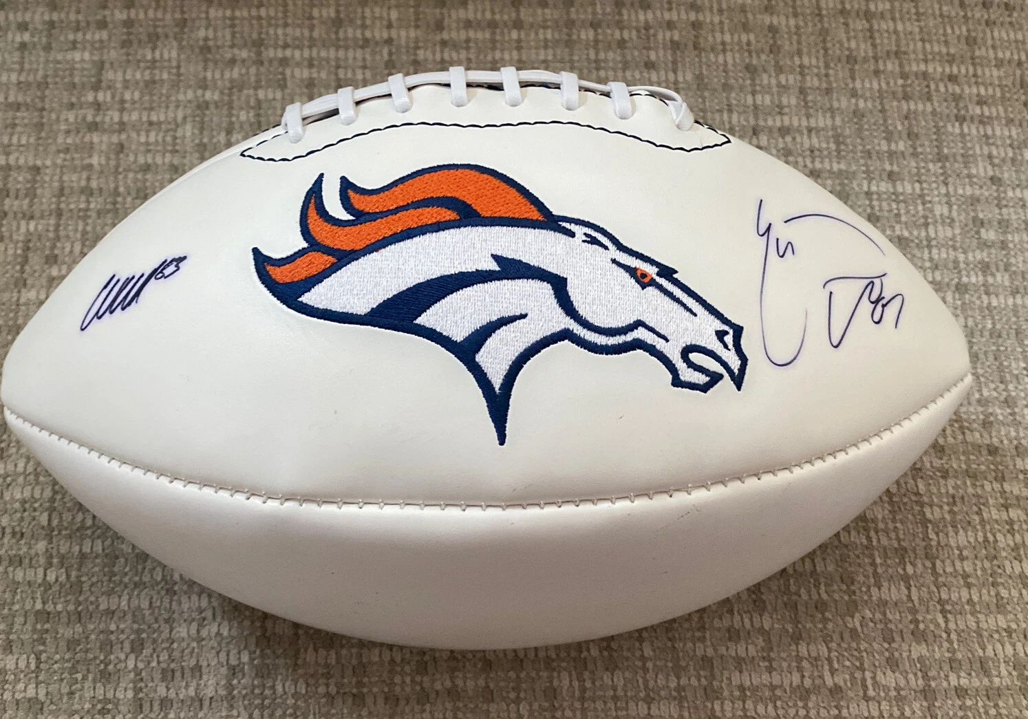 WES WELKER @ ERIC DECKER SIGNED WHITE PANEL DENVER BRONCOS FOOTBALL JSA COA
