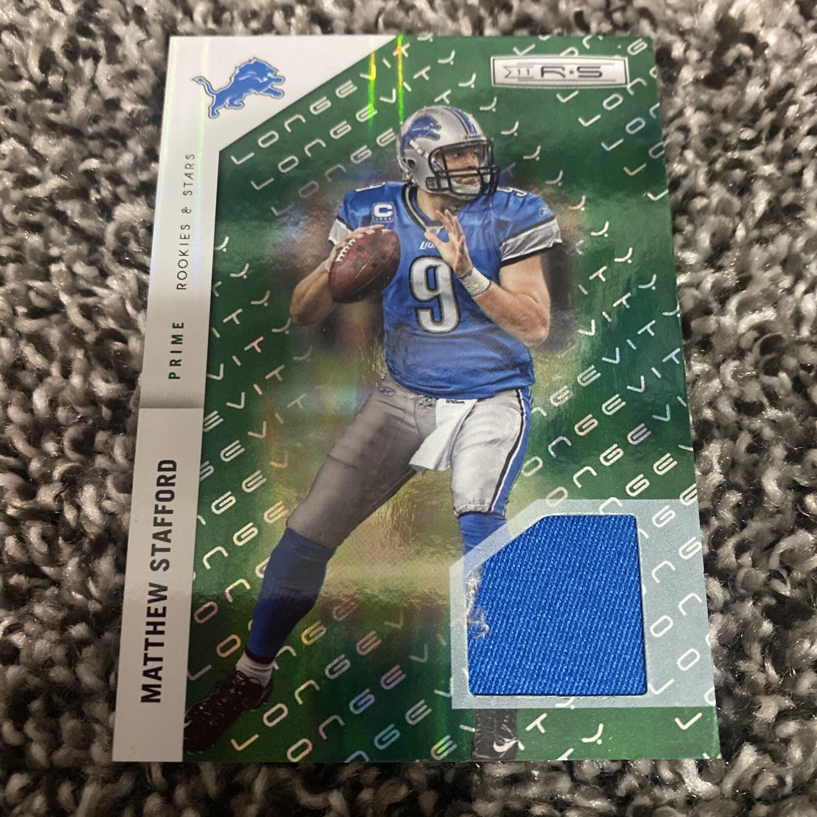 MATTHEW STAFFORD 2011 ROOKIES AND STARS EMERALD PATCH LONGEVITY 35/99 LIONS
