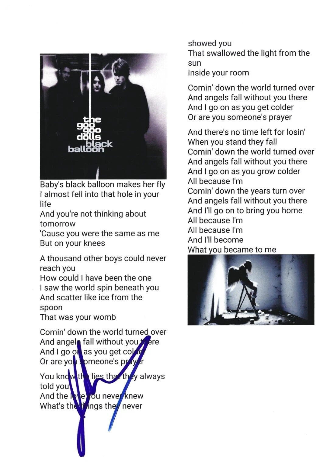 Johnny Rzeznik Signed Black Balloon Lyric Sheet Goo Goo Dolls Authentic Auto
