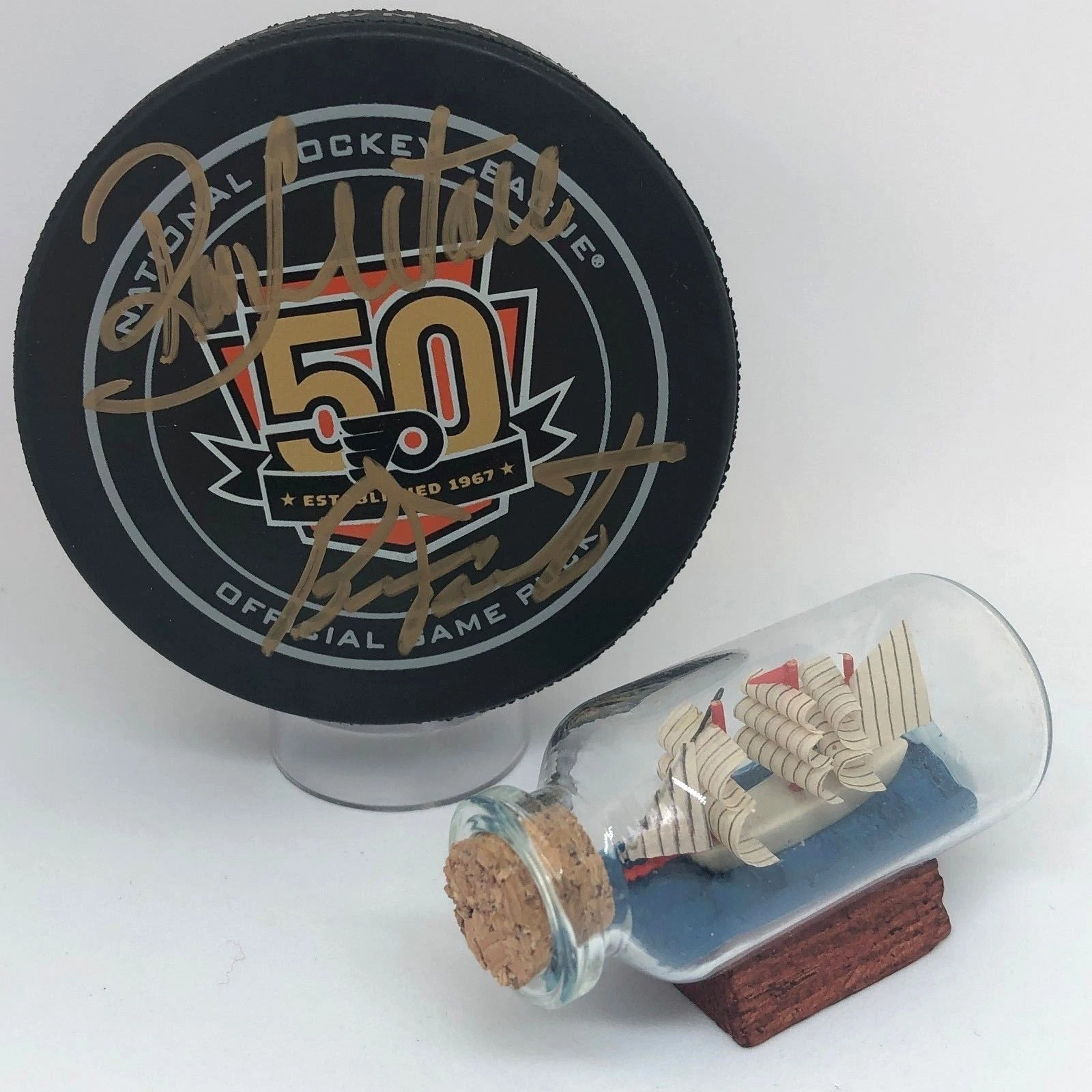 Ron Hextall Bernie Parent signed Flyers Puck JSA 50th Anniversary Logo HOF A855
