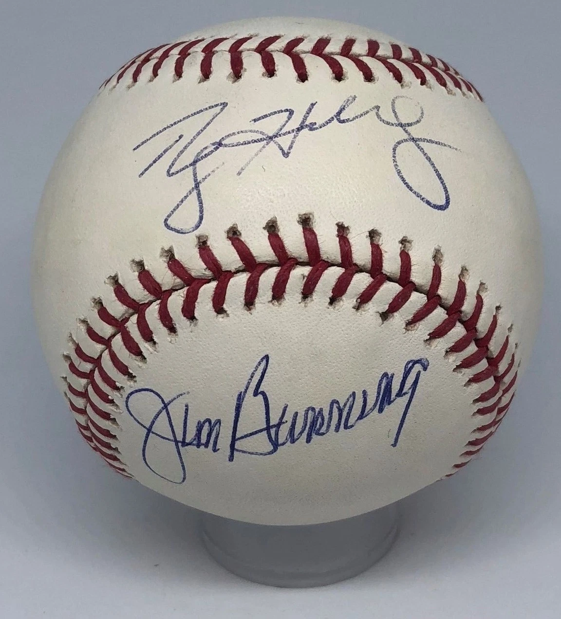 Roy Halladay Jim Bunning Dual signed Rawlings OML baseball JSA Phillies HOF A218
