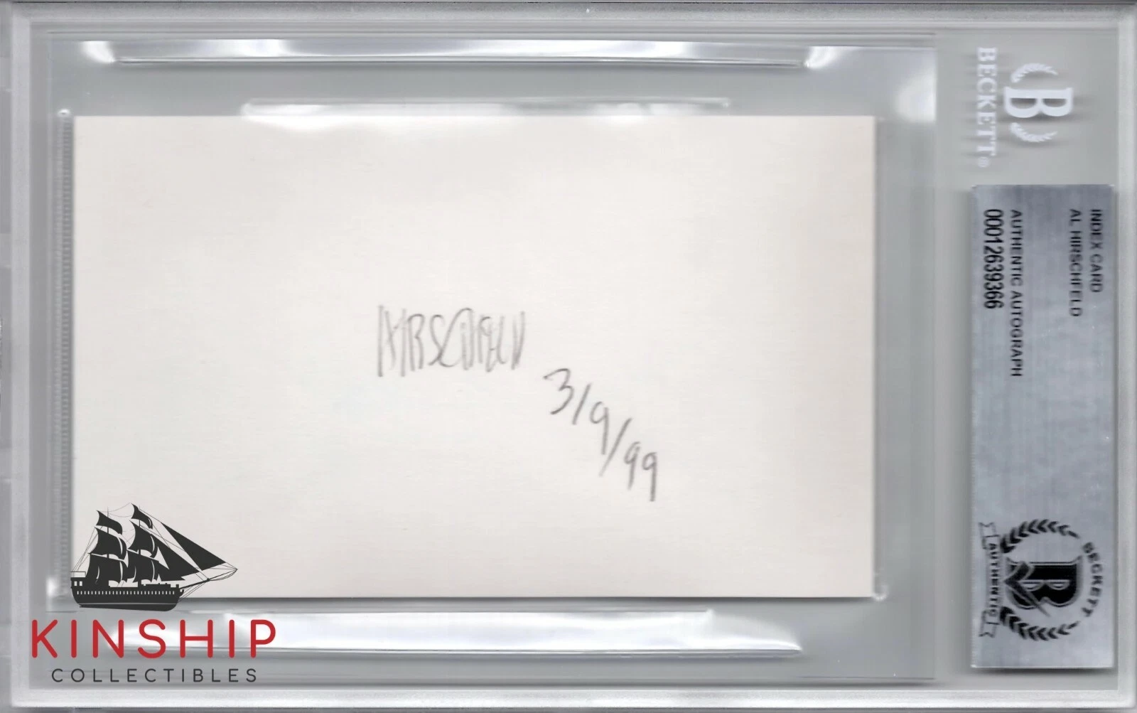 Al Hirschfeld signed Index Card Beckett BAS Slabbed Auto Inscribed d.2003 C588
