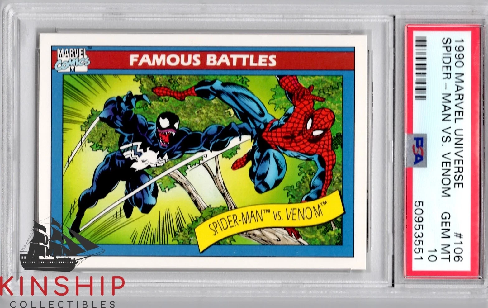 1990 MARVEL UNIVERSE SPIDER-MAN VS VENOM TRADING CARD FAMOUS BATTLES PSA 10 #106 COLLECTIBLE MEMORABILIA