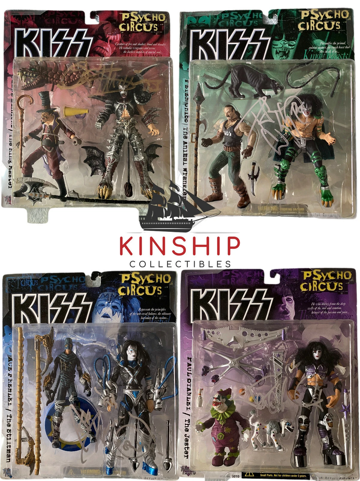 (4) KISS SIGNED ACTION FIGURES JSA LOA GENE SIMMONS FREHLEY CRISS STANLEY Z907 COLLECTIBLE MEMORABILIA