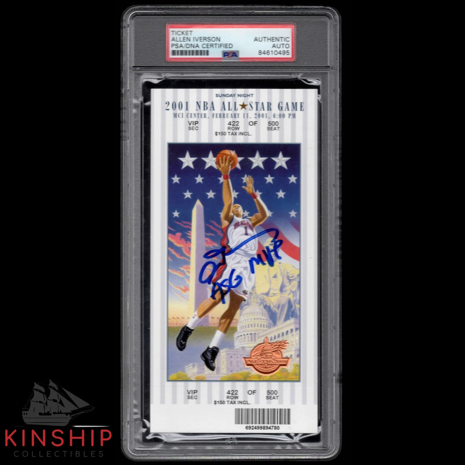 Allen Iverson signed 2001 NBA All Star Ticket PSADNA Inscribed Auto MVP HOF C986
