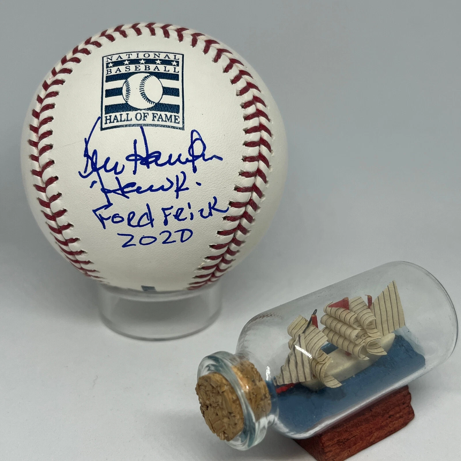 Broadcaster Ken Hawk Harrelson signed Rawlings HOF Logo Baseball JSA Frick A2586
